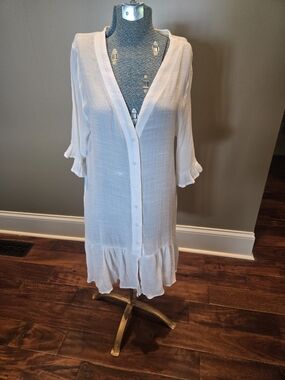 Lightweight White Button-Front Cover-Up with Ruffle Hem